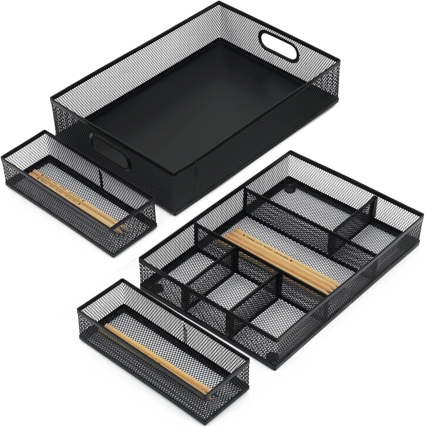 Neudeco Desk Drawer Organizer with 6 Adjustable Dividers, Metal Mesh Pen Organizer for Desk Drawer, Office Supplies Tray (Pack of 4, Black)