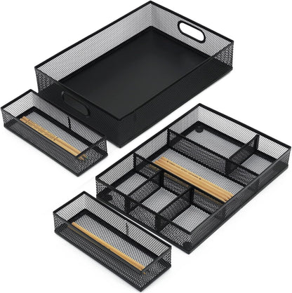 Neudeco Desk Drawer Organizer with 6 Adjustable Dividers, Metal Mesh Pen Organizer for Desk Drawer, Office Supplies Tray (Pack of 4, Black)