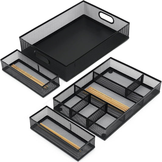 Neudeco Desk Drawer Organizer with 6 Adjustable Dividers, Metal Mesh Pen Organizer for Desk Drawer, Office Supplies Tray (Pack of 4, Black)