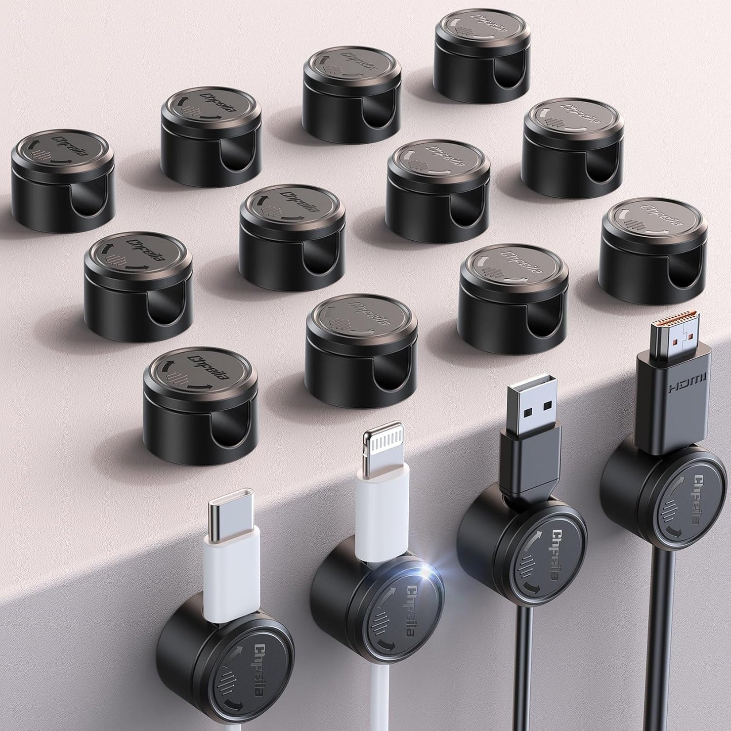 9 Pack Cord Organizer, Chfeila [360°Rotating Twist-Lock] Magnetic Cable Management Clips, Adhesive Phone Charging Keeper Wire Cord Holder for Nightstand/Car/Wall, Office Desk Accessories Decor (Black)