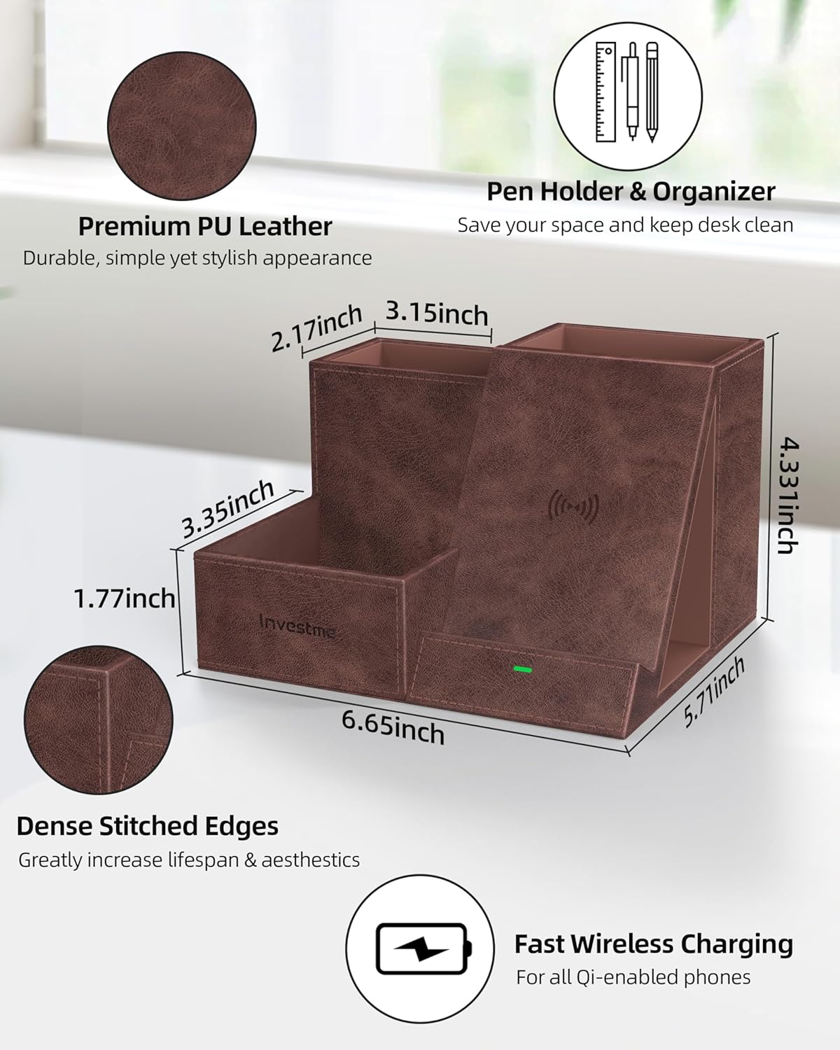 Wireless Charger with Desk Organizer, Pen Pencil Holder, Multifunctional Desktop Organizer, Office Supplies and Desk Accessories Organizer with 3 Compartments and 1 Phone Stand