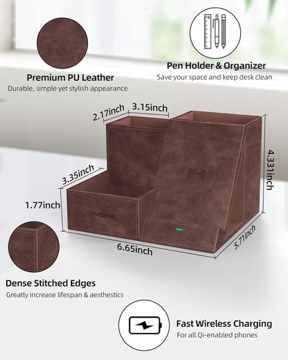 Wireless Charger with Desk Organizer, Pen Pencil Holder, Multifunctional Desktop Organizer, Office Supplies and Desk Accessories Organizer with 3 Compartments and 1 Phone Stand