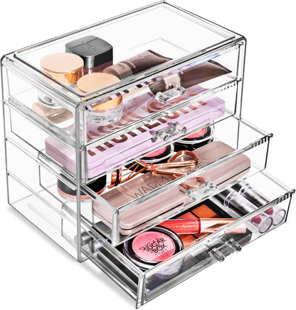 Sorbus Acrylic Makeup Organizer Set, 4-Drawer Vanity & Countertop Cosmetic Storage with Wide Drawers, Clear Makeup Storage for Brushes, Lipsticks, Jewelry – Holiday Gift for Women & Teens