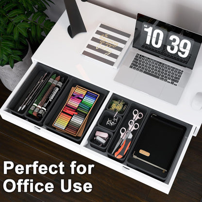 QUELIEN Desk Drawer Organizer Tray Set, 16PCS Plastic Drawer Organizer Bins for Office, Makeup, Kitchen - Gray Blue Desk Organizer with Flexible Interlocking Design for Efficient (Gray Blue, 16PCS)