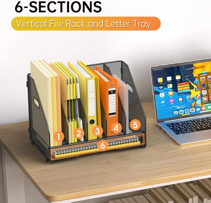 Docnest Desk File Holder Sorter, 4 Vertical Compartments Rack with Letter Tray, Mesh Magazine File Holder with Handle,Workspace Organizers,Desk Organizers for Paper, Mail, Documents-Black