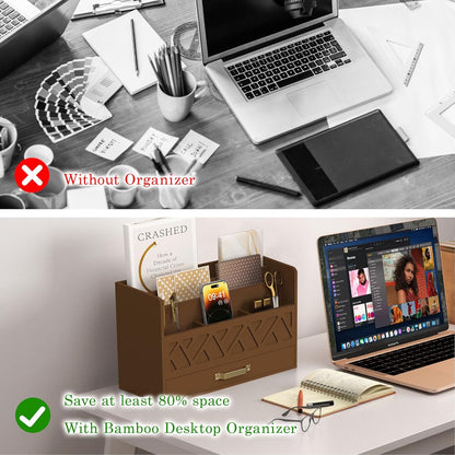 WISUCART Bamboo Desk Organizer Mail Holder Countertop Wood Desk Drawer Tabletop Storage Box Pen Holder Letter Sorter Makeup Organizer for School Home Office Supplies with Pen Holder White