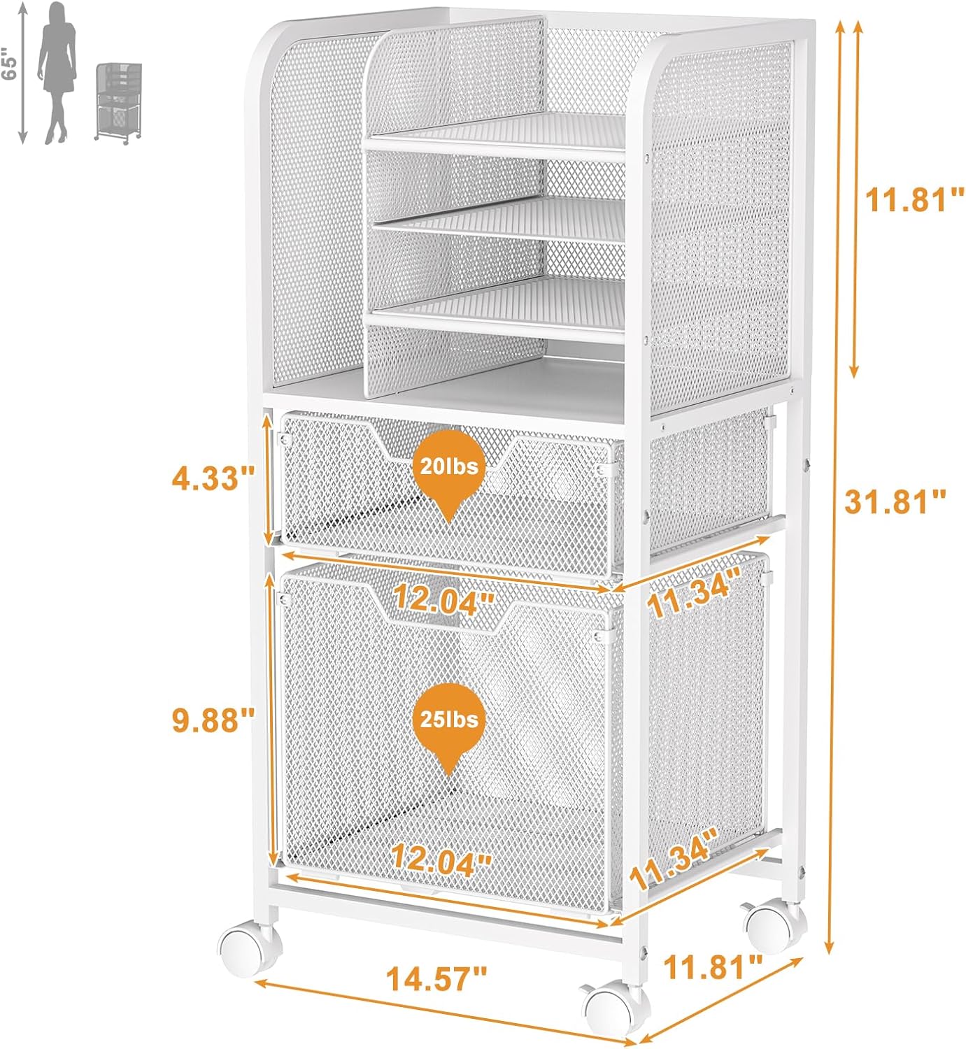 5-Tier Rolling File Cart Under Desk with Drawers, File Cabinet Organizer for Hanging File Folders, Letter-Size File Storage with Wheels, Multi-Layer Mobile Filing Cabinet for Under Desk Storage