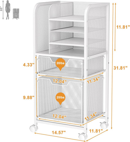 5-Tier Rolling File Cart Under Desk with Drawers, File Cabinet Organizer for Hanging File Folders, Letter-Size File Storage with Wheels, Multi-Layer Mobile Filing Cabinet for Under Desk Storage