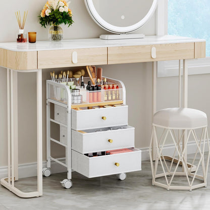 SWTYMIKI Rolling Makeup Organizer Cart - Under Desk Vanity Makeup Storage with 3 Non-woven Drawers, Nail Cart Organizer Cosmetic Display Cases Cabinet for Skin Care Perfume Nail Polish Brush Hair Tool
