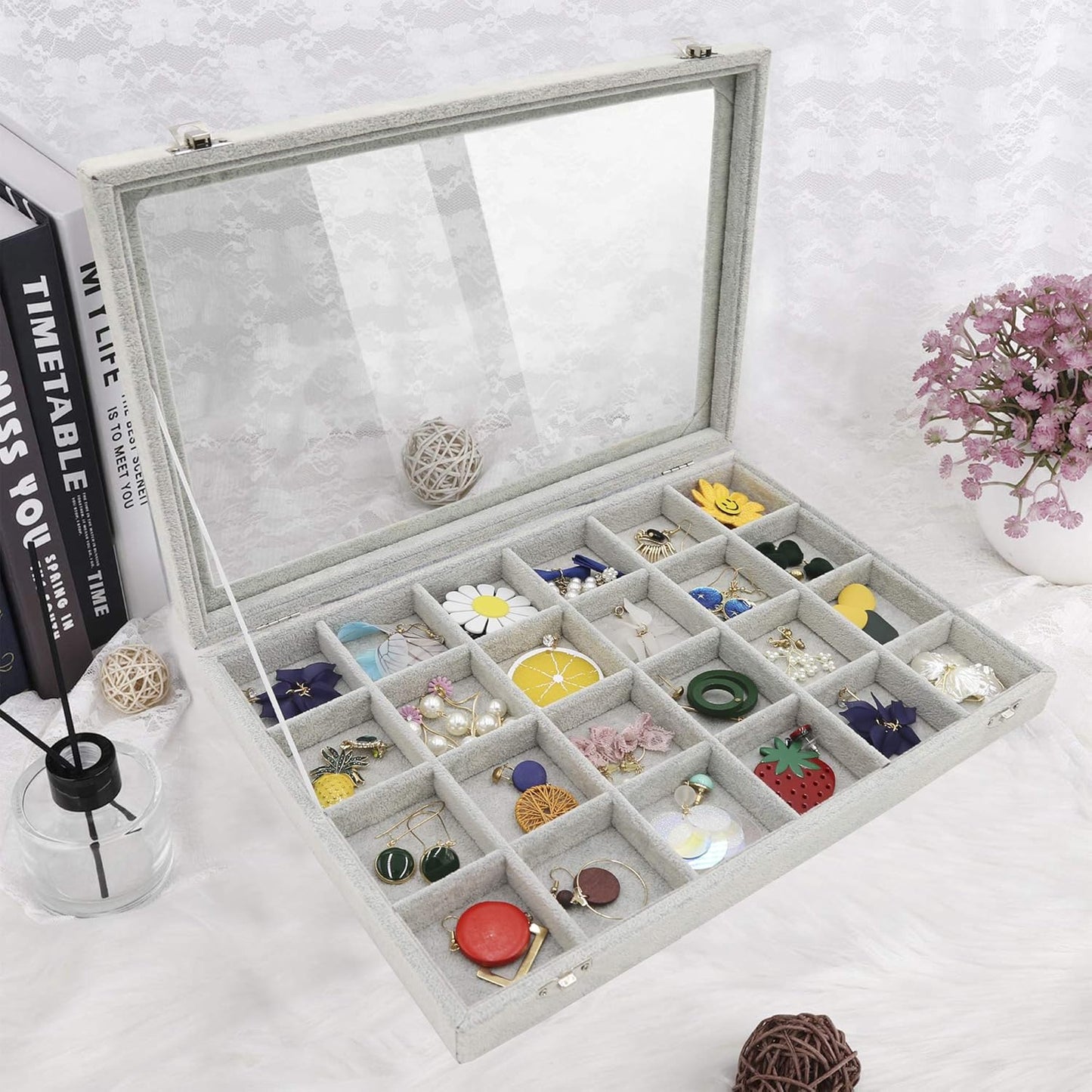 Stratalife Jewelry Organizer Bracelet Organizer Storage Box 12 Grid Stackable Jewelry Tray with Lid Velvet Jewelry Box for Drawer Necklace Bracelet Display Storage Organizer Box (Beige)
