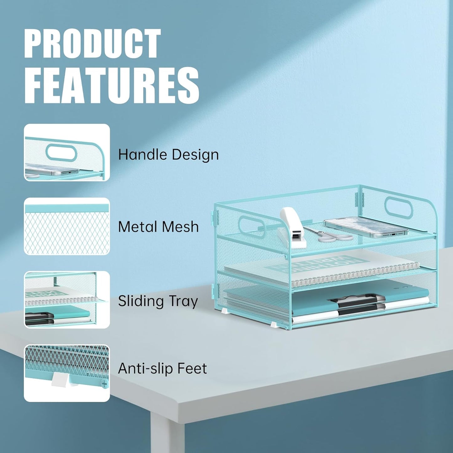 DALTACK 3 Tier Paper Organizer with Handle, Mesh Metal Desk Organizer with Sliding Paper Trays for Letter/A4 Paper, Mail, Bills & Folders, Black