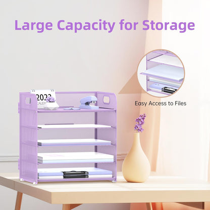 Supeasy 5 Trays Paper Organizer Letter Tray with Handle-Mesh Desk File Holders, Paper Sorter Desk Organizer for Office, Home, Classroom or School, White