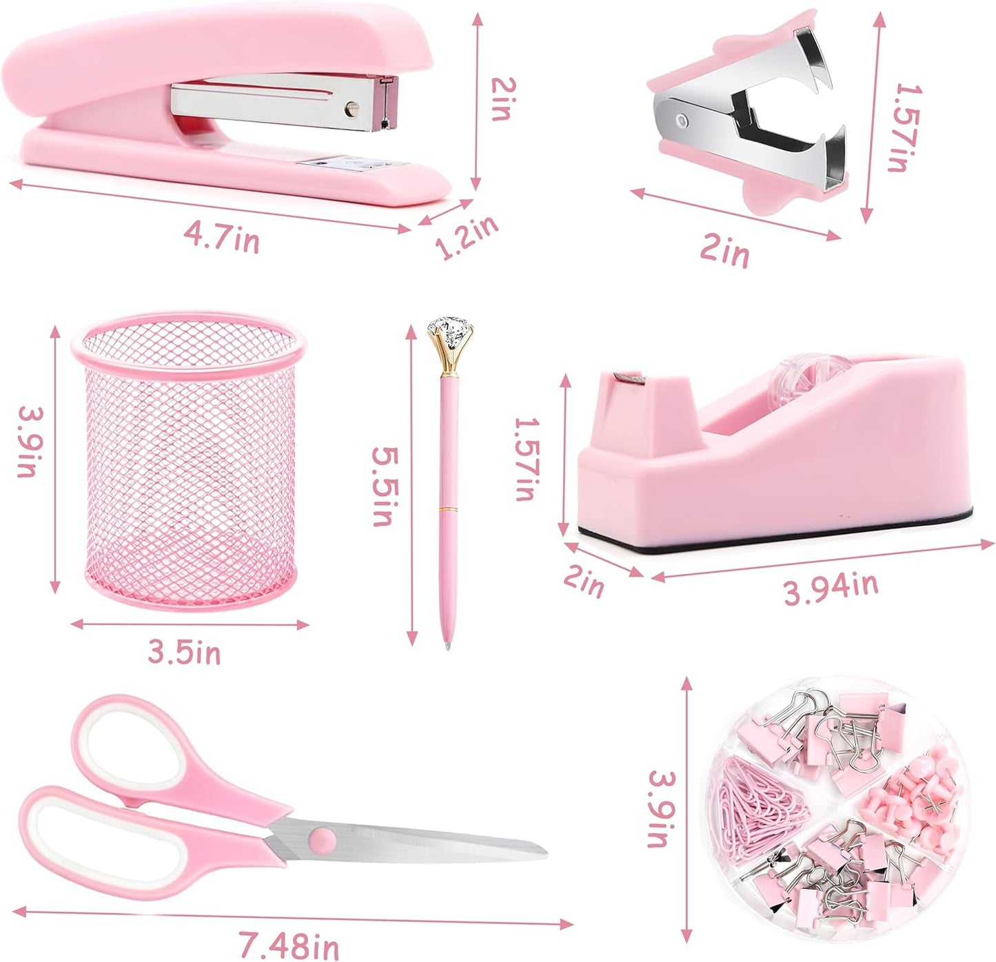 Famassi Rose Gold Desk Accessories，Office Supplies Set Acrylic Stapler Set Staple Remover, Tape Holder, 2 Ballpoint Pen, Scissor, Binder/Paper Clips and 1000pcs Staples.