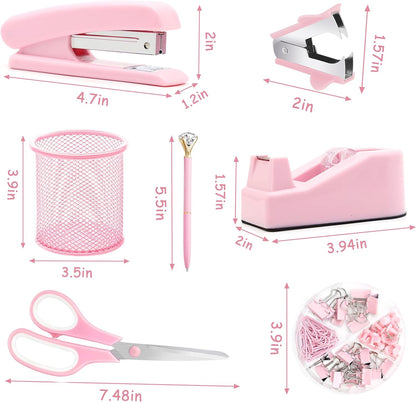 Famassi Rose Gold Desk Accessories，Office Supplies Set Acrylic Stapler Set Staple Remover, Tape Holder, 2 Ballpoint Pen, Scissor, Binder/Paper Clips and 1000pcs Staples.
