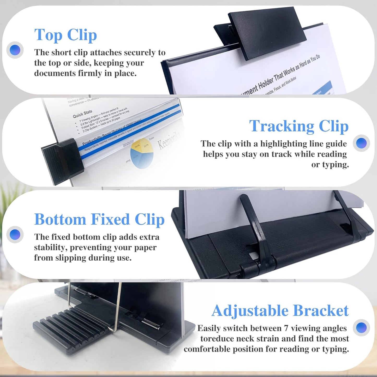 Keenjorika Desktop Document Book Holder with 7 Adjustable Positions, Black Document Holder for Desk, Paper Holder Copy Stand Holder for Speech, Paper Holder Stand for Desk Typing, Angle Adjustable