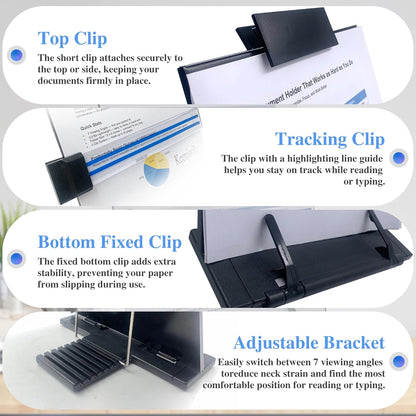 Keenjorika Desktop Document Book Holder with 7 Adjustable Positions, Black Document Holder for Desk, Paper Holder Copy Stand Holder for Speech, Paper Holder Stand for Desk Typing, Angle Adjustable