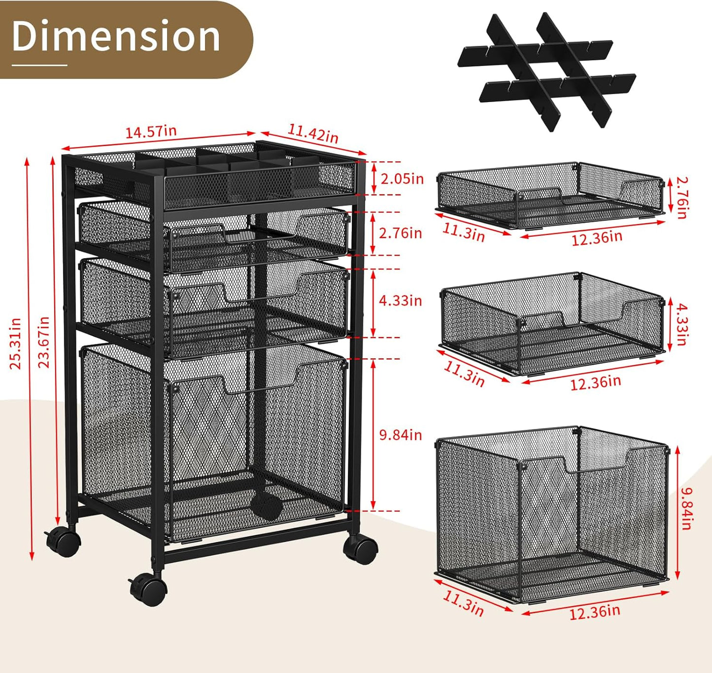 Rolling File Cart with 3 Storage Drawers, Under Desk Filing Cabinet with DIY Divider, Hanging File Folder Organizer on Wheels, Fits A4/Letter Size, Metal Utility Cart for Home Office, Black