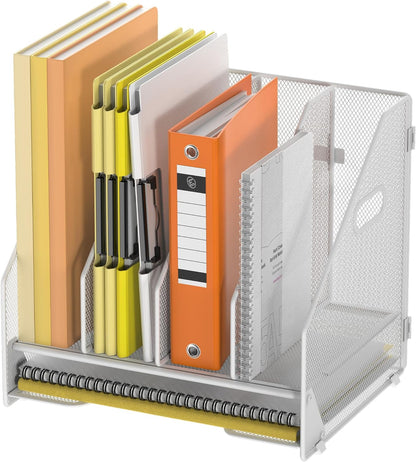 Docnest Desk File Holder Sorter, 4 Vertical Compartments Rack with Letter Tray, Mesh Magazine File Holder with Handle,Workspace Organizers,Desk Organizers for Paper, Mail, Documents-Black