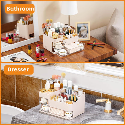 White Makeup Organizer With Drawers,Large Skincare Organizers for Countertop,Desk,Dresser,Plastic Bathroom Counter Organizer for Brush,Palettes,Perfume,Beauty Products Organization,Skin Care Storage
