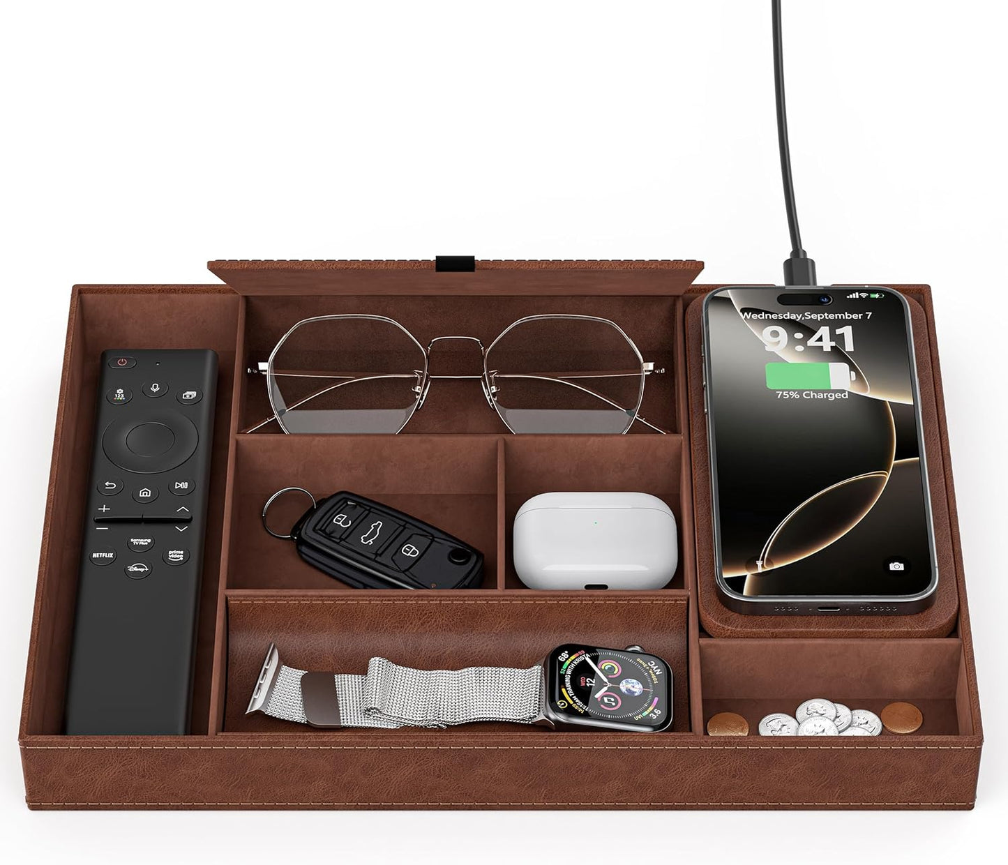 Valet Tray, Built in Wireless Charging Pad, Nightstand Organizer, Dresser Organizer, Mens Jewelry Box, Valet Charging Station, Faux Leather Valet Tray for Men and Women (Black+Wireless)