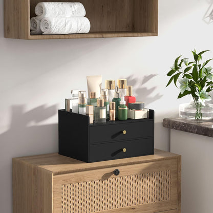 Bamboo Desk Organizer with Drawers Wooden Desktop Storage Organization Box for Bills Office Supplies Kitchen Utensils Organizing Tool for Home Classroom Vanity, No Assembly Required (3 Drawers, Black)