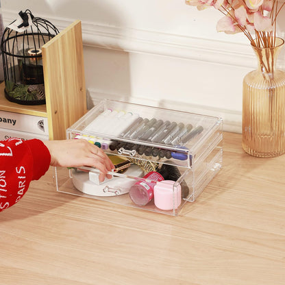 Cq acrylic Drawer Organizer with 3 Long Drawers,Stacking Office Supply Organizer and Desk Pen Storage and Stationary Organizer,Clear Makeup Storage Organizer for Palettes,Cosmetic, Beauty for Vanity
