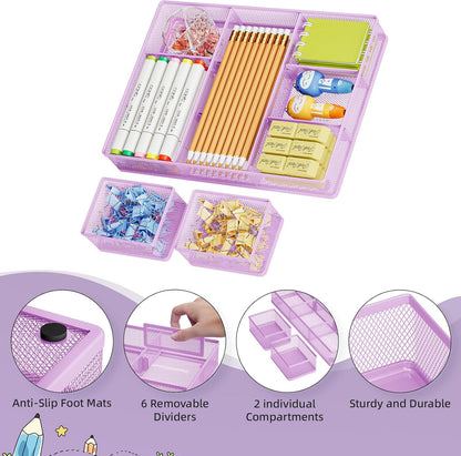 Marbrasse 3 Packs Desk Drawer Organizers, Metal Mesh Dividers Desk Drawer Organizer Tray with 9 Adjustable Compartments, Pen Organizer for Drawer Tray Box Accessories for Desktop,Kitchen, Makeup