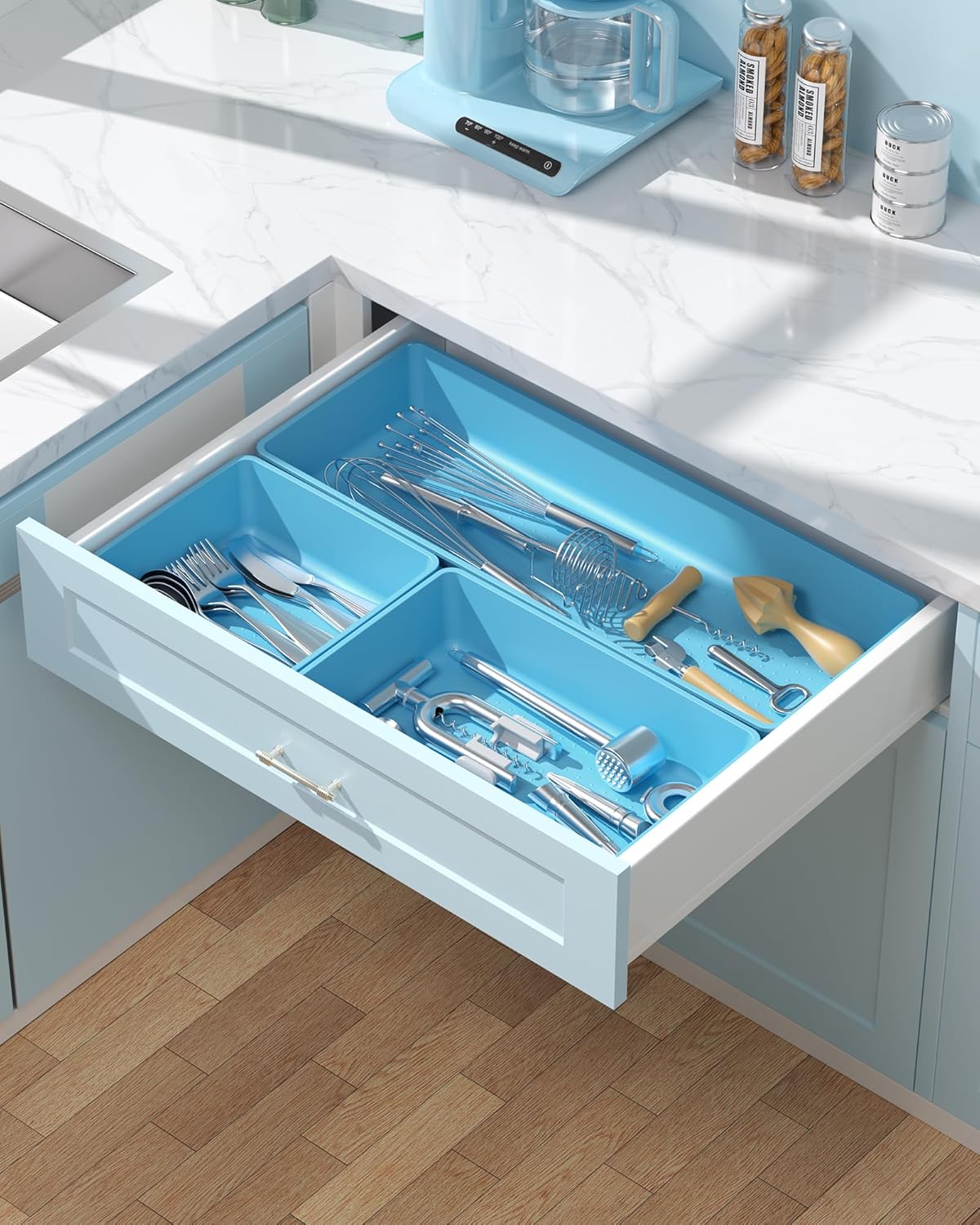 10 Pack Large Size Plastic Drawer Organizers Set, 3 Sizes Desk Drawer Organizer Trays, Storage Bins for Vanity, Makeup, Bathroom, Kitchen Utensils and Office (Black)