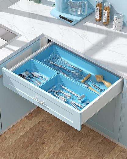 10 Pack Large Size Plastic Drawer Organizers Set, 3 Sizes Desk Drawer Organizer Trays, Storage Bins for Vanity, Makeup, Bathroom, Kitchen Utensils and Office (Black)