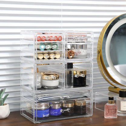 Cq acrylic 2 Pack Clear Desk Organizer With Drawers,Stackable 6 Drawers Skincare Organizer,Cute Skin Care Organizers for Vanity Hair Clip,Jewelry,Beauty Product Desk and Makeup Organizers Countertop