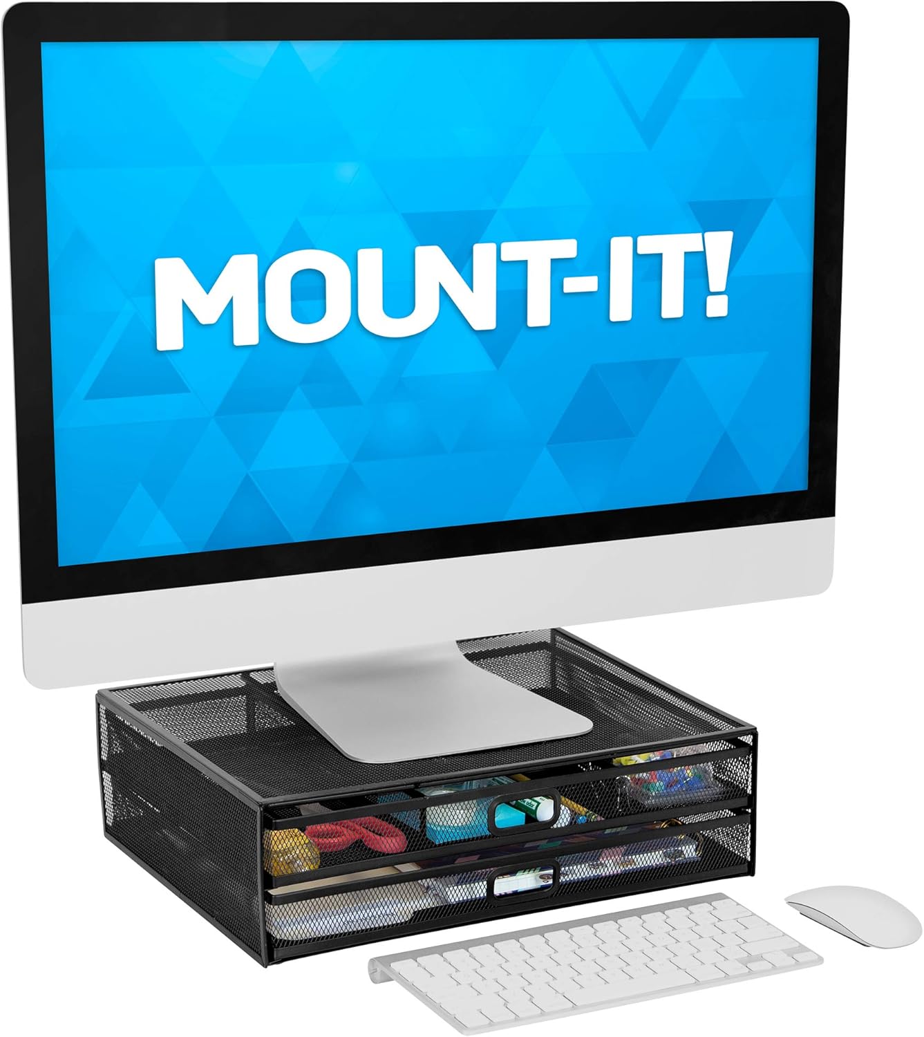 Mount-It! Mesh Computer Monitor Stand Riser [Metal] Desk Organizer with Two Pullout Storage Drawers for Desktop, Laptop, and Printer Accessories and Office Supplies (White)