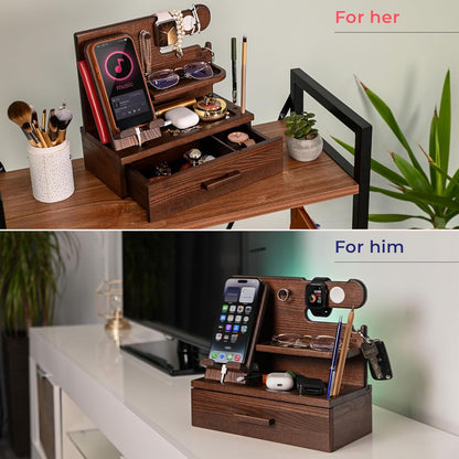 TESLYAR Wood Phone Docking Station with Drawer - Nightstand Organizer - Desk Organizer for Husband - Birthday Gifts for Men, Dad, Anniversary Idea, Key Holder Stand Watch & Accessories (Antique Brown)