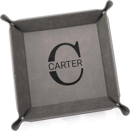 Lifetime Creations Monogrammed Valet Tray for Men (Brown) - Personalized Vegan Leather Catch All, Nightstand Desktop Desk Organizer for Coins, Keys, Watch