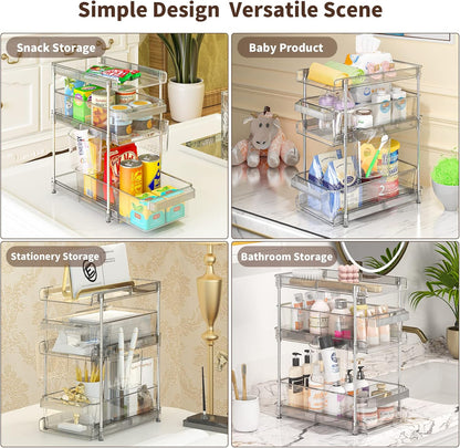 Clear Bathroom Organizers 2 Sets 3 Tier, Pull Out Organizer and Storage with 2 Cups, Slide Out Drawer Storage Container with 6 Dividers, Multi-Purpose Bathroom Organizer, Kitchen Under Sink Organizer