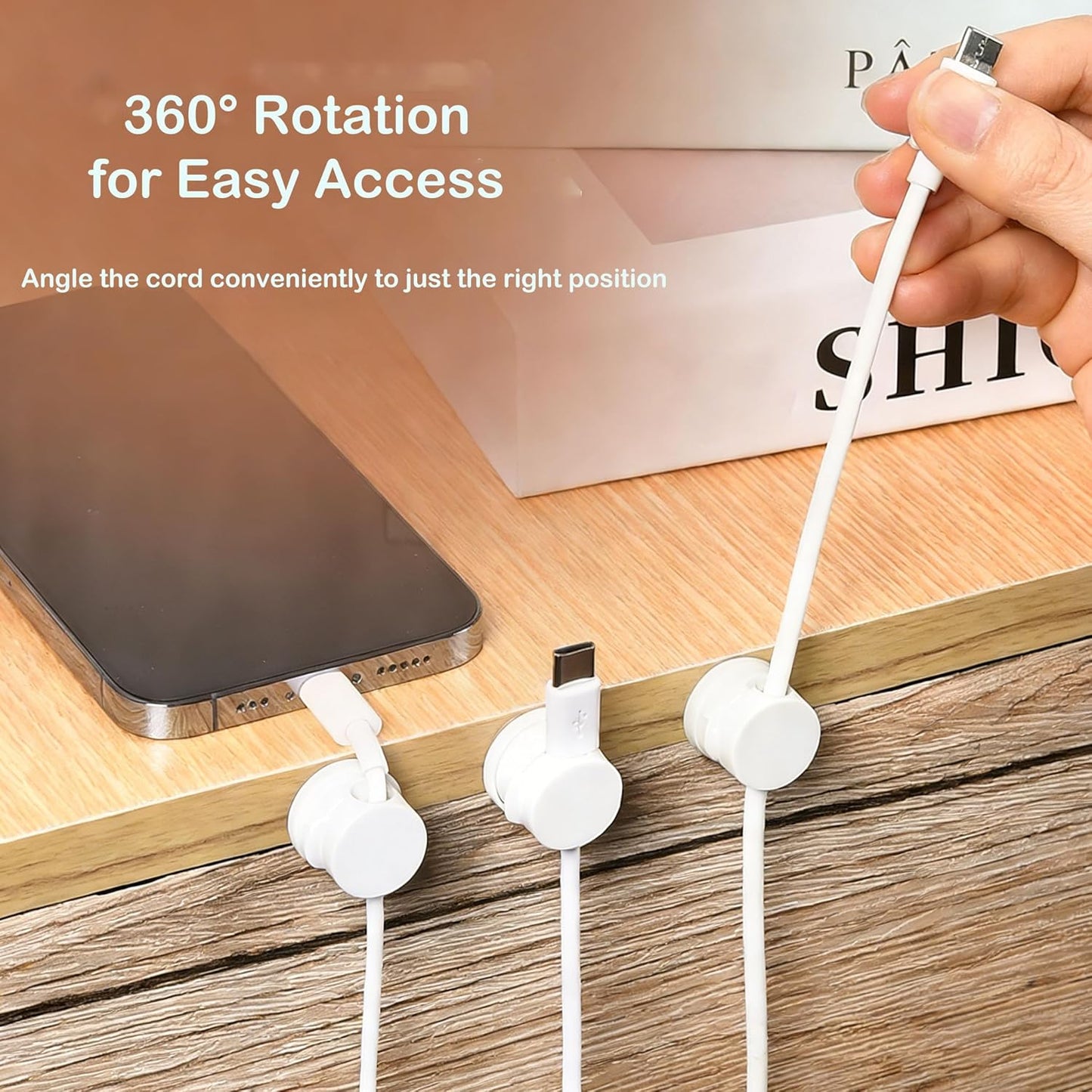6PC 360° Rotatable Spring Cable Management, Cord Organizer Holder for Desk, Strong Adhesive Cable Clips Desk Accessories, Adjustable Wire Keeper for Nightstand, Home, Office, RV (Black)