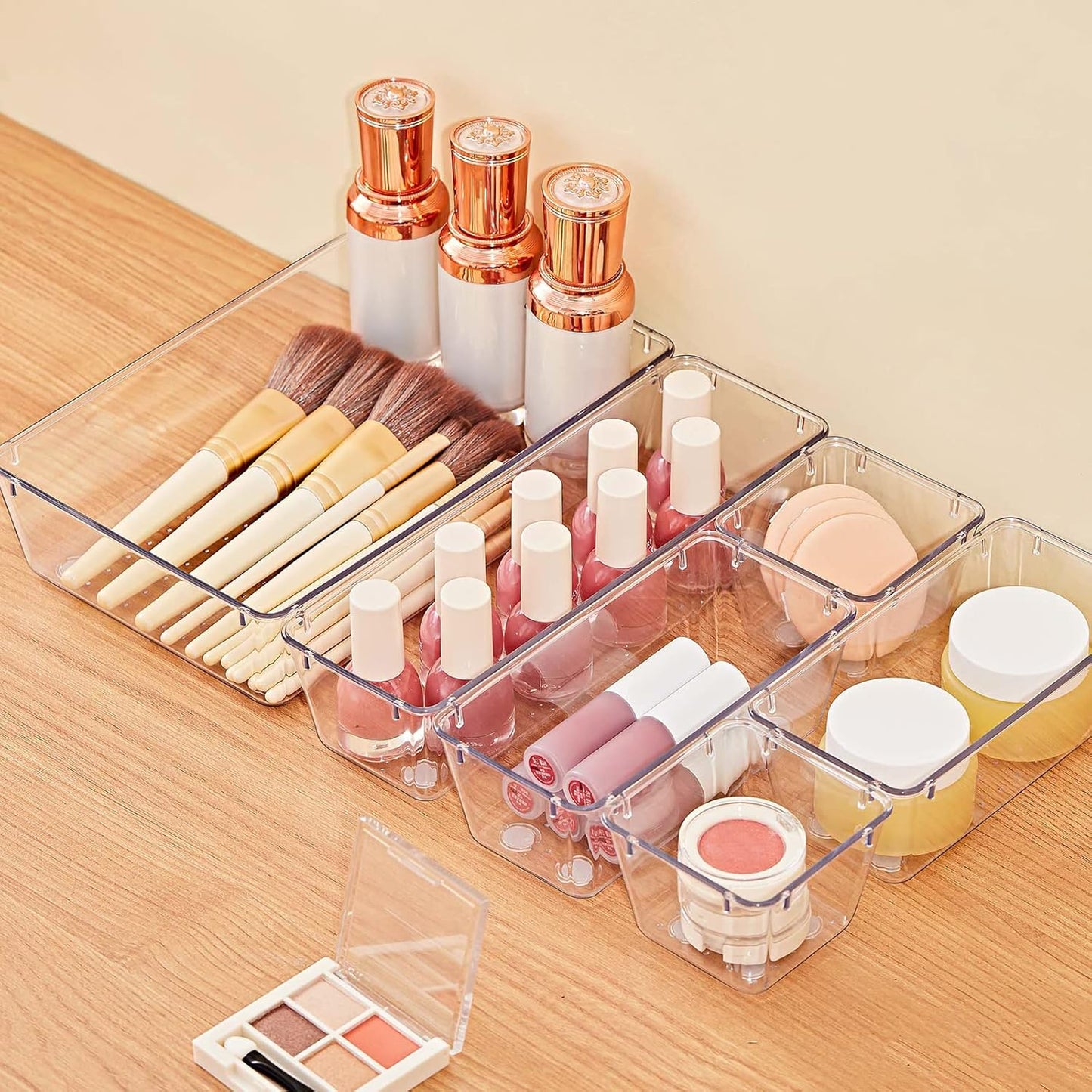 SMARTAKE 13-Piece Drawer Organizers with Non-Slip Silicone Pads, 5-Size Desk Bathroom Drawer Organizer Trays Storage Tray for Makeup, Jewelries, Utensils in Bedroom Dresser, Office and Kitchen, Clear