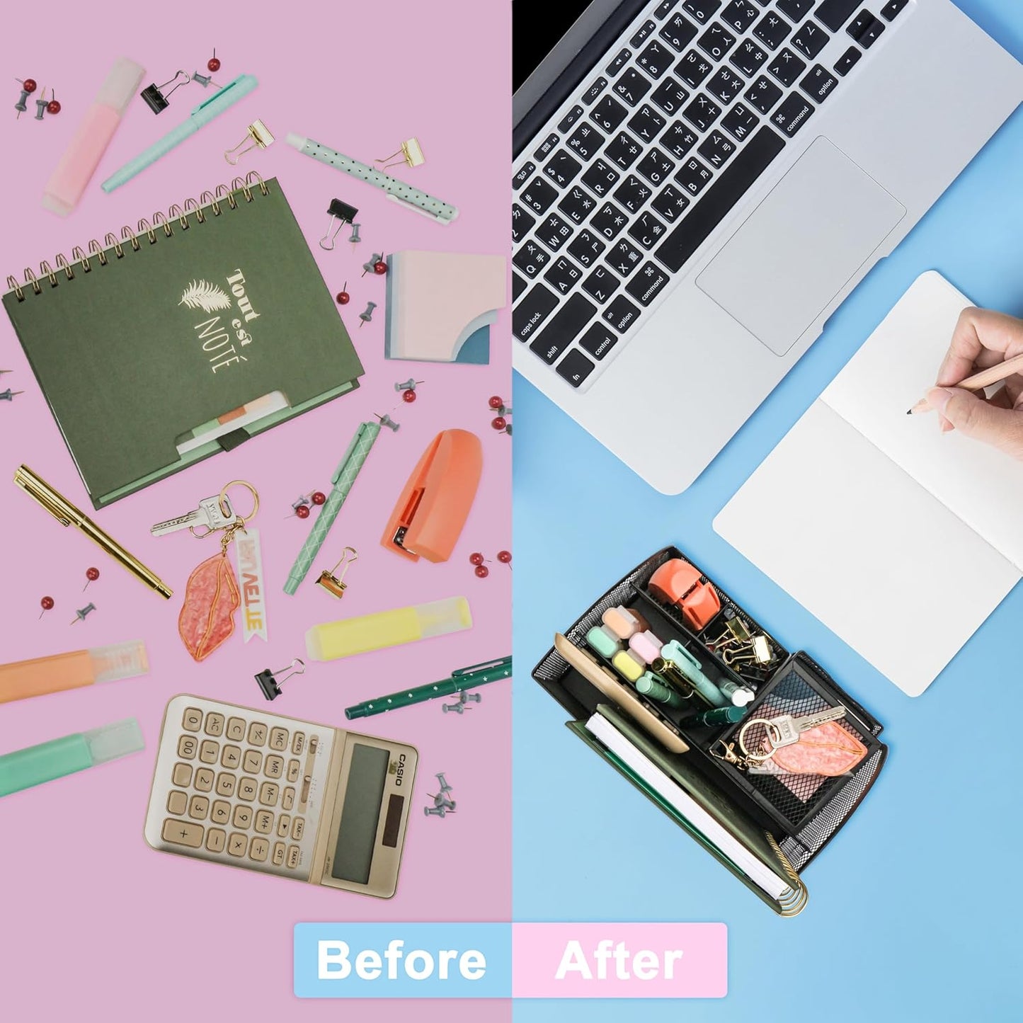 Exerz Desk Organizer Golden Office Desk Accessories Supplies Office Storage Desktop Pencil Pen Holder with Drawer Home Workspace