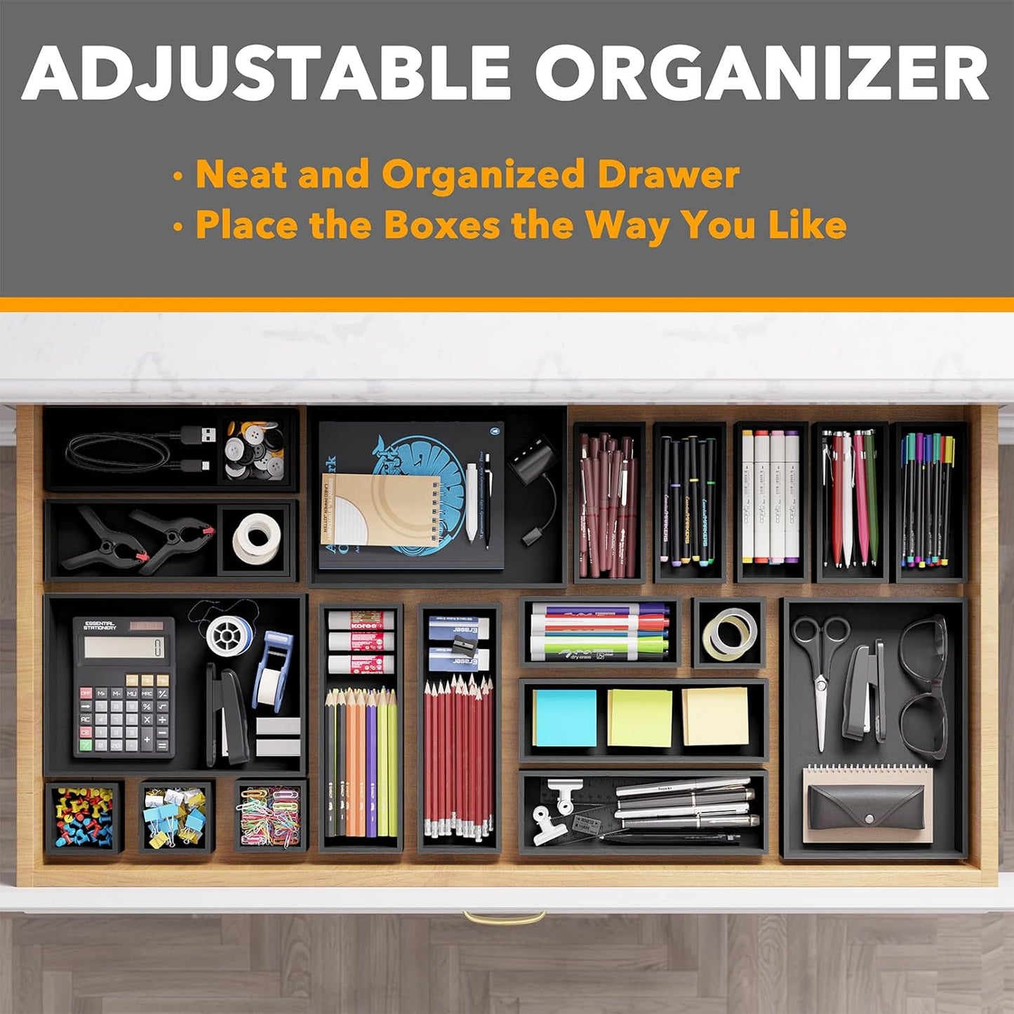 SpaceAid 21-Piece Bamboo Drawer Organizer Storage Boxes Set, Wood Tray Junk Drawer Organizers Multi-Use Divider Bins for Kitchen, Bathroom, Office Desk and Makeup Organization (21 Pack, Natural)