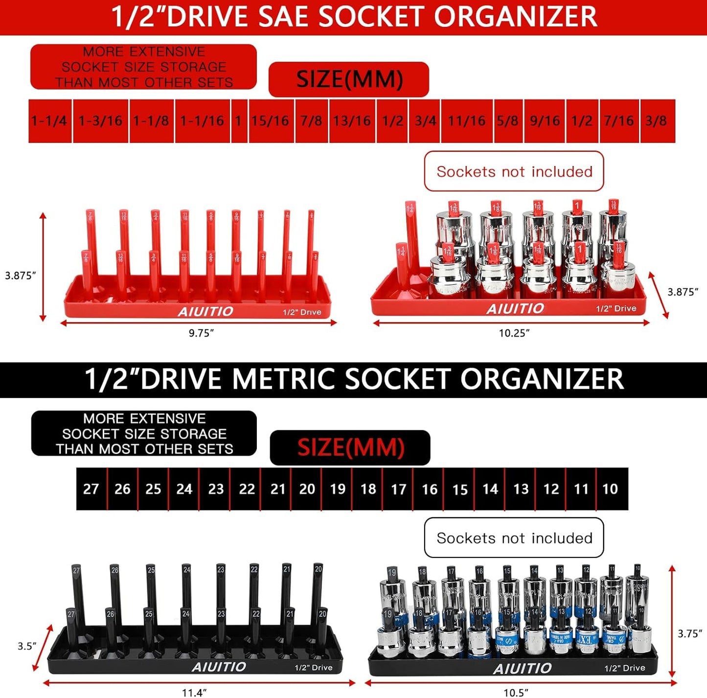 AIUITIO 6PCS Socket Organizer Tray Set, Red SAE & Black Metric Socket Storage Trays, 1/4-Inch, 3/8-Inch & 1/2-Inch Drive Deep and Shallow Socket Holders for Toolboxes