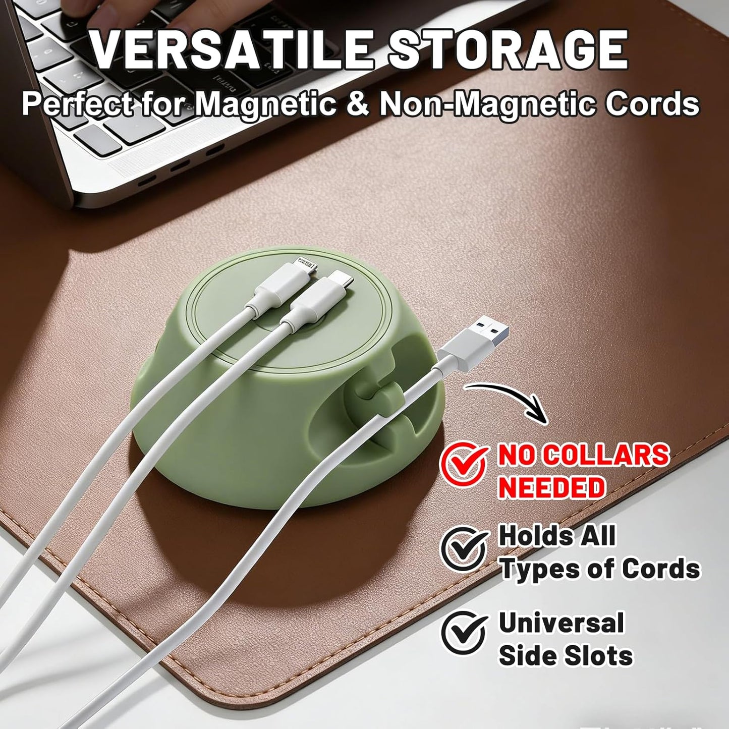 SOOoEC [N52 Ultra-Strong Snap-On Magnetic Cord Holder, Weighted Desktop Cable Organizer, Premium Liquid Silicone, No Collars Needed for iPhone & USB-C, Dual-Side Slots, Beige