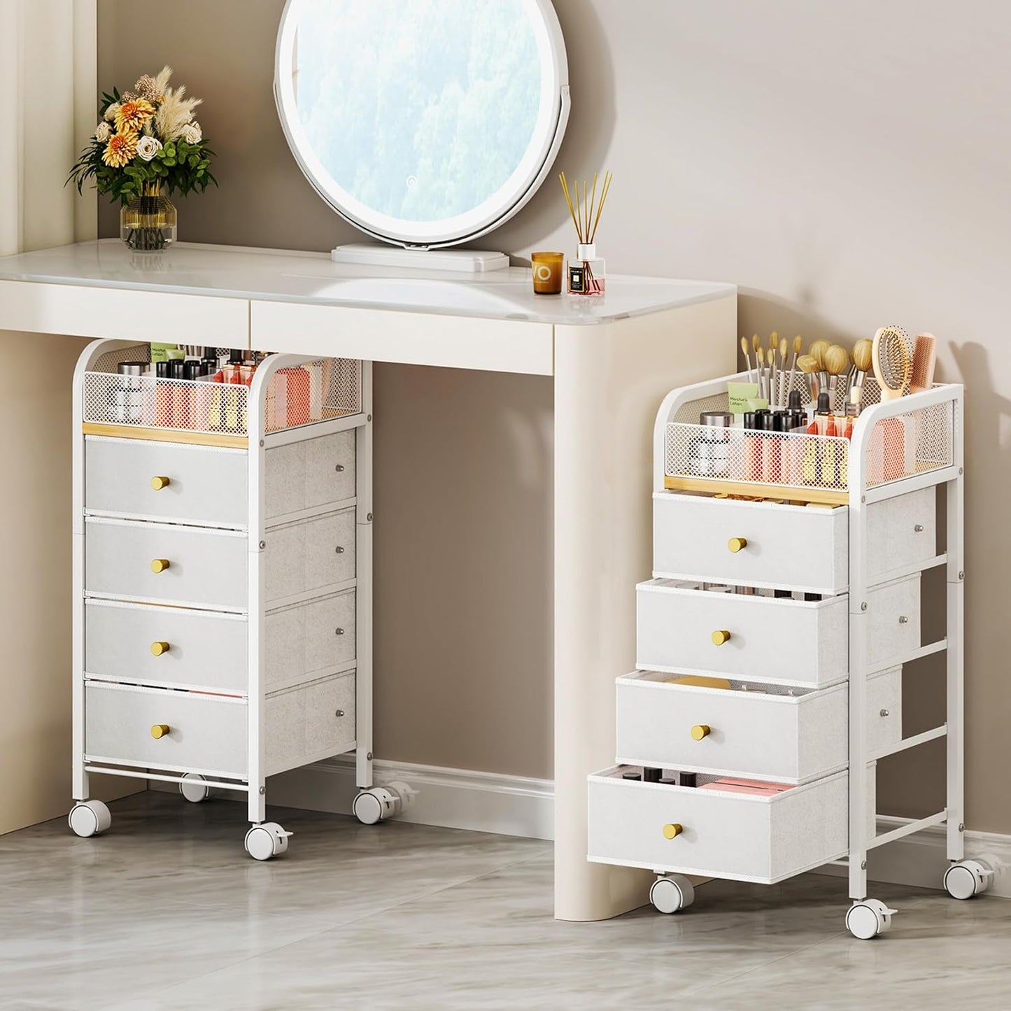SWTYMIKI Rolling Makeup Organizer Cart - Under Desk Vanity Makeup Storage with 3 Non-woven Drawers, Nail Cart Organizer Cosmetic Display Cases Cabinet for Skin Care Perfume Nail Polish Brush Hair Tool