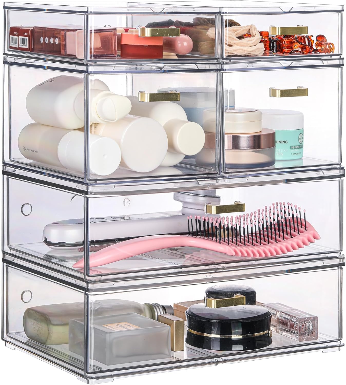 LALOBLUE Set of 5 Stackable Storage Drawers, Clear Acrylic Organizer Bins for Beauty Supplies, Perfect for Makeup Vanity, Undersink, Kitchen, Cabinet,Pantry Organization and Storage