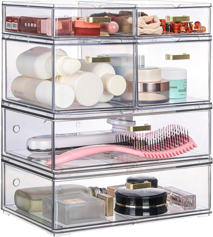 LALOBLUE Set of 5 Stackable Storage Drawers, Clear Acrylic Organizer Bins for Beauty Supplies, Perfect for Makeup Vanity, Undersink, Kitchen, Cabinet,Pantry Organization and Storage