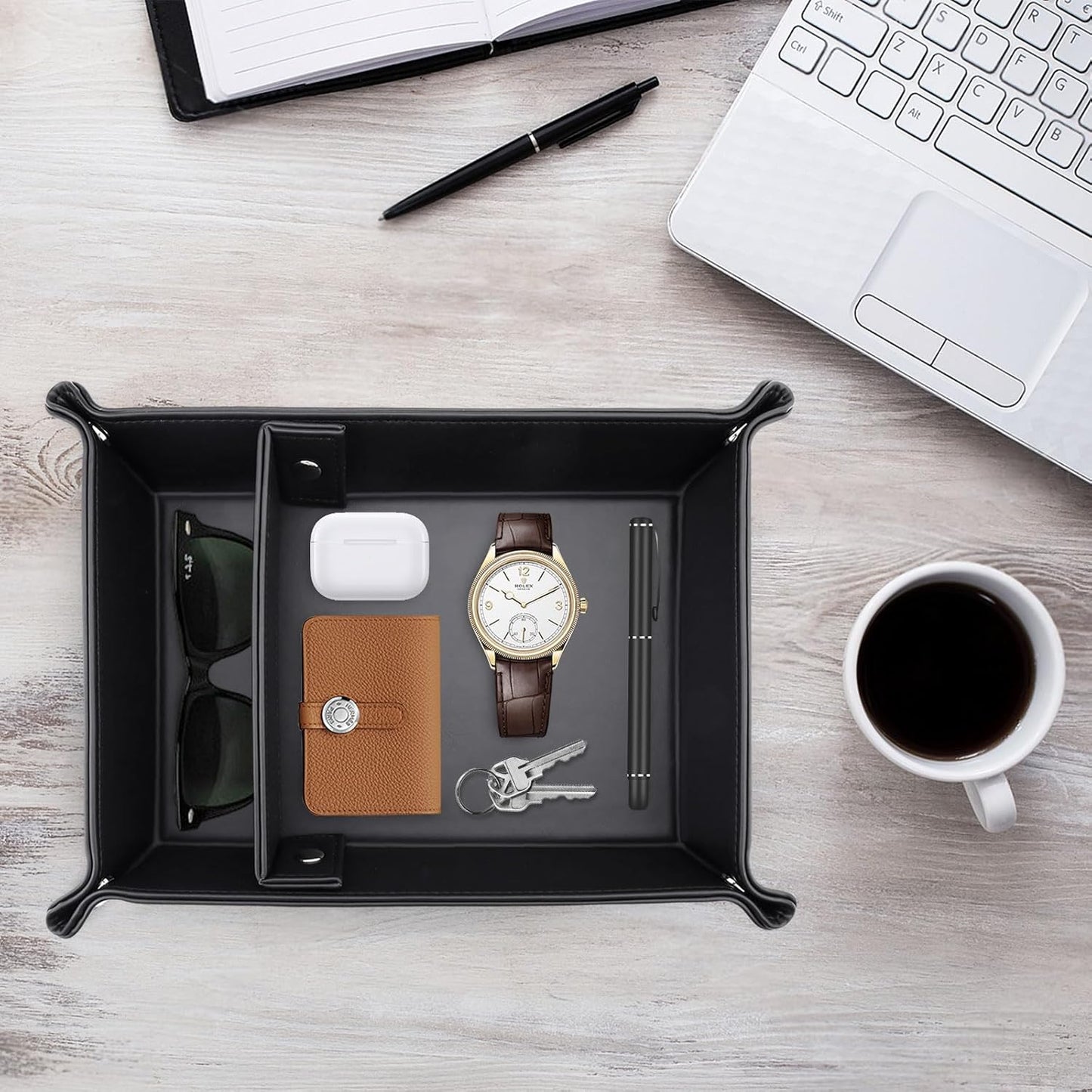 Leather Valet Tray for Men, 2 Compartments Key Tray Nightstand Organizer Vanity Tray Bedside Caddy Entryway Table Catchall Tray for Wallet, Watch, Phone, Coin, Jewelry, Black