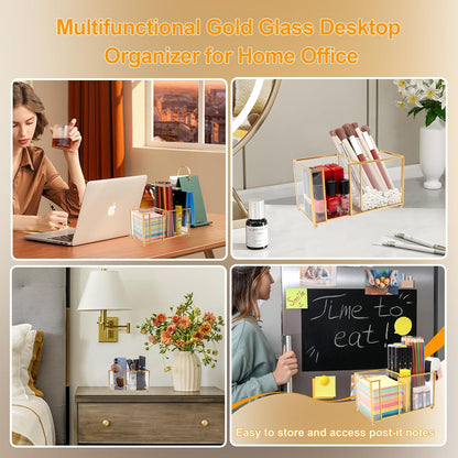 Sticky Note Holder,Glass Post It Note Dispenser with Pen Slot,Gold 3 x 3 Inch Post It Note Holder for Desk,Stylish Sticky Note Dispenser for Home Office Desk