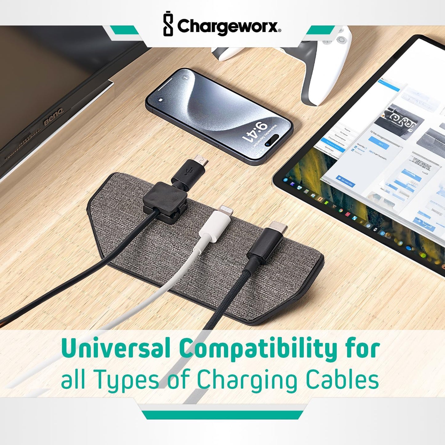 CHARGEWORX Magnetic Cable Organizer – Weighted Non-Adhesive Cord Holder with 3 Magnetic Clips for USB-C, Lightning & MagSafe Cables – Desk, Office & Nightstand Cable Management