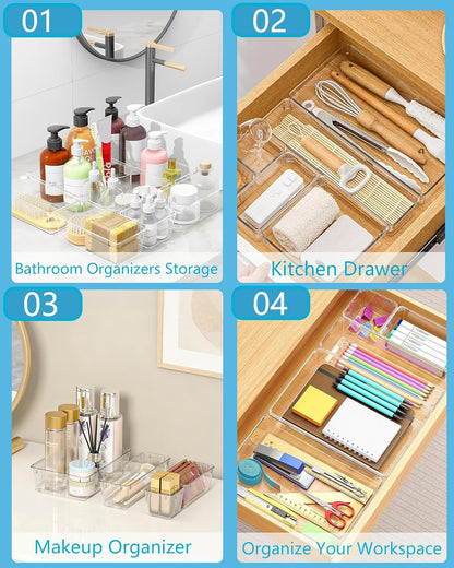 Clear Drawer Organizers Set of 13, 5-Size Vanity Organizer Trays, Stackable Bathroom & Desk Drawer Organizer for Makeup, Jewelry, Kitchen Utensils, Office Supplies and Small Gadgets Storage