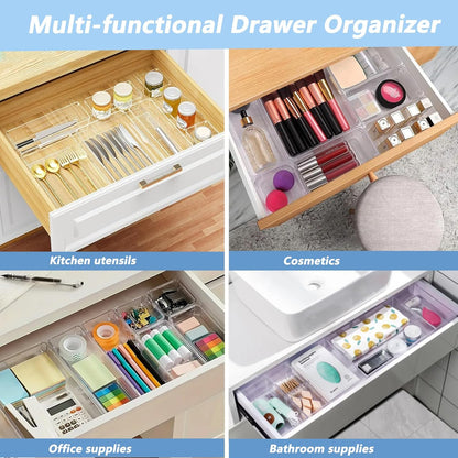 Clear Drawer Organizer Set, 4 Sizes Desk Drawer Divider Organizers Storage Bins for Bathroom,Kitchen,Office,Vanity Organizers Tray for Jewelry (27PACK)