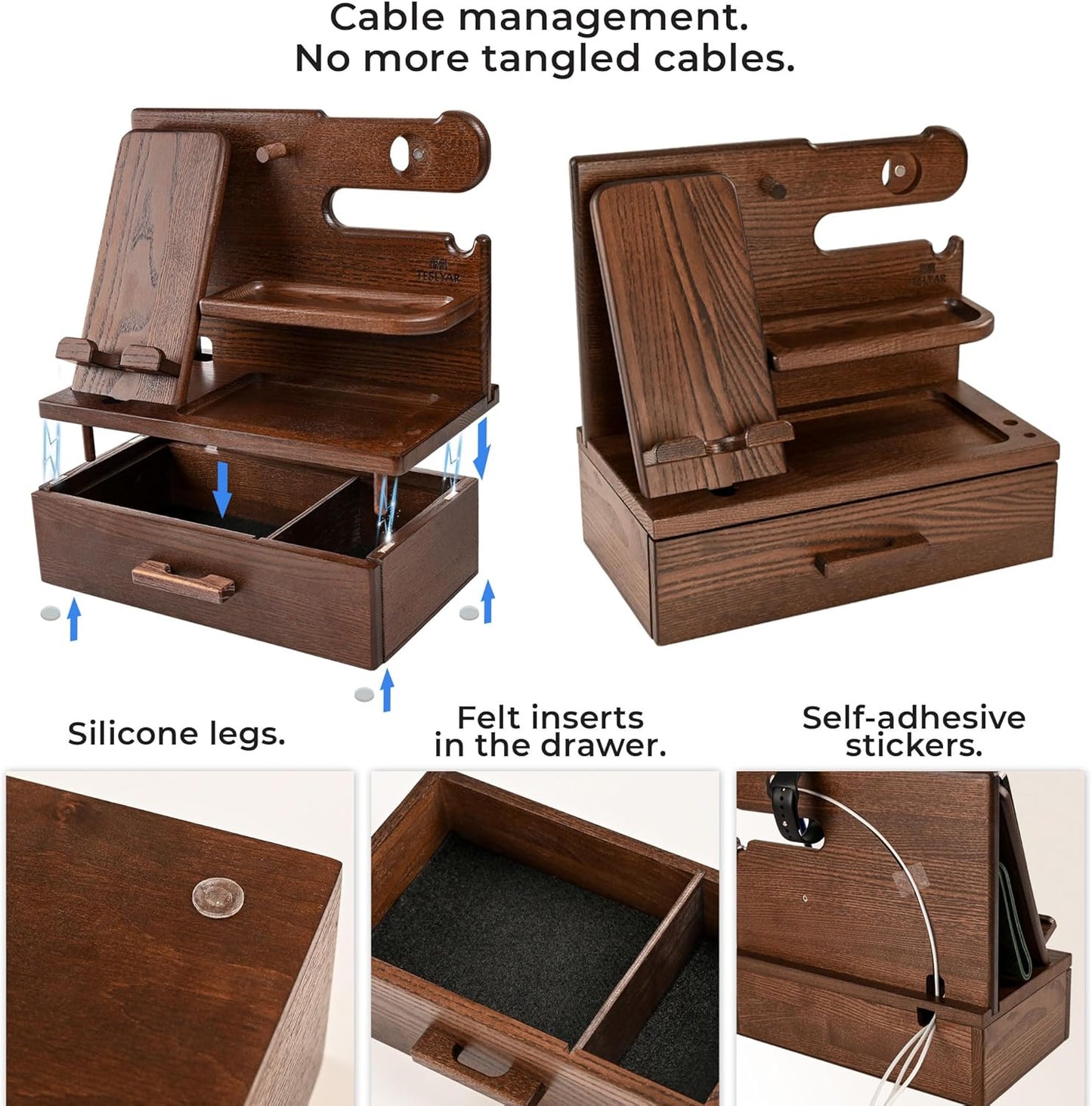 TESLYAR Wood Phone Docking Station with Drawer - Nightstand Organizer - Desk Organizer for Husband - Birthday Gifts for Men, Dad, Anniversary Idea, Key Holder Stand Watch & Accessories (Antique Brown)