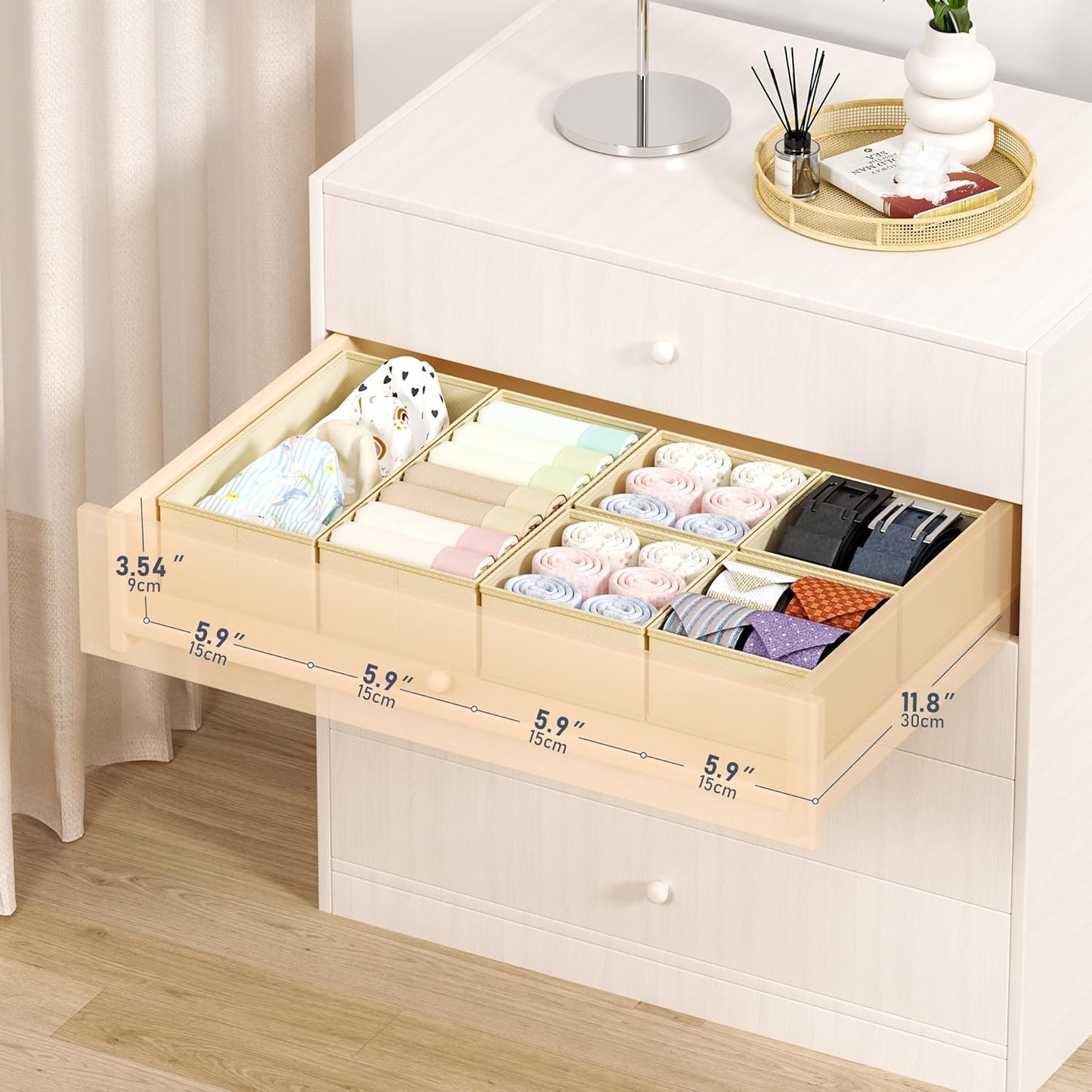 DIMJ Drawer Organizers Clothes, Dresser Organizer Bins for Baby Clothes,Underwear and Sock, Fabric Closet Organization and Storage Boxs, Drawer Dividers for Nursery, Clothing, Tie - 4 Pack, Beige